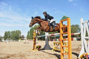 Almaty bölgesi / Kazakistan - 10.08.2011: Atlama yarışı. Atletler ve atları tahta engellerle dolu bir platformda antrenman yapıyorlar.