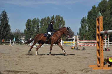 Almaty bölgesi / Kazakistan - 10.08.2011: Atlama yarışı. Atletler ve atları tahta engellerle dolu bir platformda antrenman yapıyorlar.