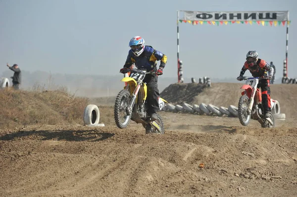 Almaty Kazakhstan 2011 Motocross Competitions Athletes Pass Track Obstacles Made — Stock Photo, Image