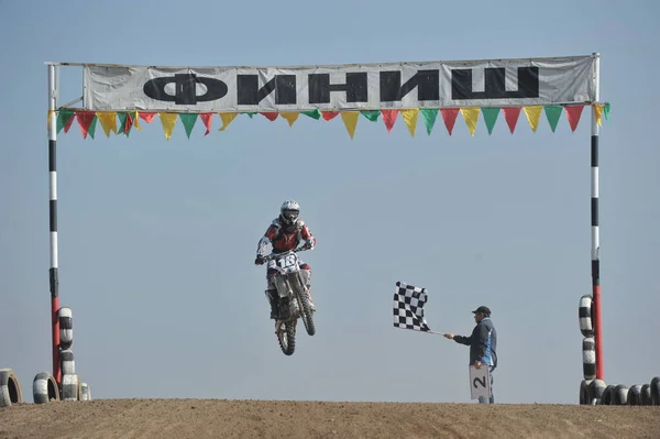 Almaty Kazakhstan 2011 Motocross Competitions Athletes Pass Track Obstacles Made — Stock Photo, Image