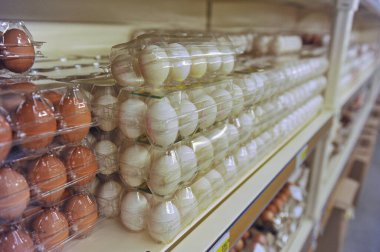 Almaty / Kazakistan - 10.11.2011: Büyük bir süpermarkette çiftliklerden düzinelerce yumurta