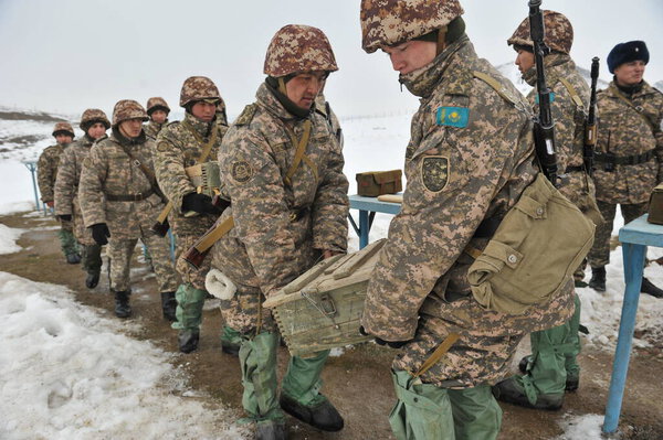 Almaty region / Kazakhstan - 02.29.2012 : Military exercises of the engineering troops of Kazakhstan. Sappers work with mines.