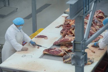 Almaty / Kazakistan - 08.18.2020: Sosis ve et ürünleri üretim fabrikası. İşçiler bileşenleri söker