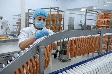 Almaty / Kazakistan - 08.18.2020: Sosis ve et ürünleri üretimi için fabrikanın işçileri kontrol ve paketleme ürünleri