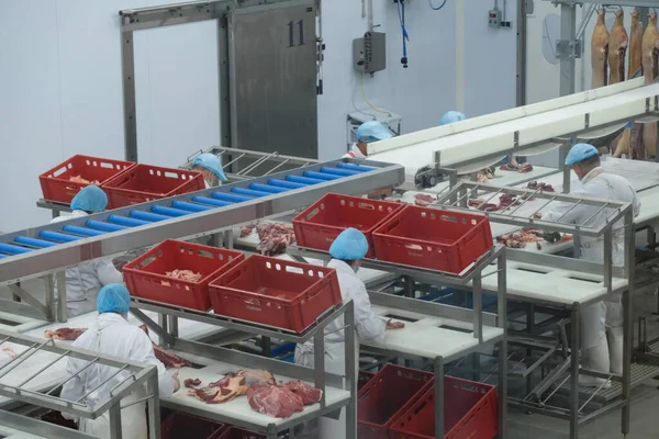 Almaty / Kazakistan - 08.18.2020: Sosis ve et ürünleri üretim fabrikası. İşçiler bileşenleri söker