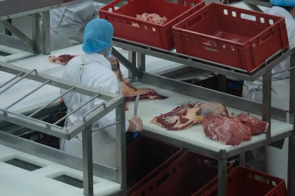 Almaty Kazajistán 2020 Fábrica Para Producción Embutidos Productos Cárnicos Trabajadores — Foto de Stock