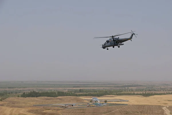 Almaty Kazakhstan 2020 Takeoff Military Helicopter City Residential Buildings Various — Stock Photo, Image