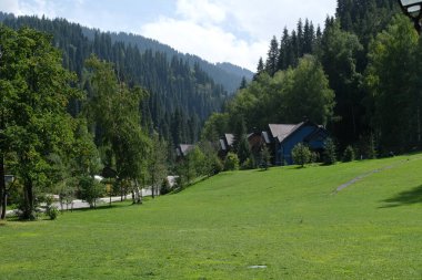 Almaty / Kazakistan - 09.02.2020: Ağaçlar ve yeşil çimenler arasında dağlık bir alanda çeşitli evler.