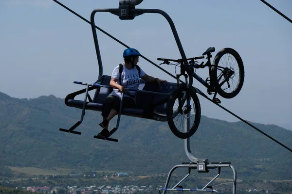 Almaty Kazakhstan 2020 Cable Car Open Seats People Ride Hills — Stock Photo, Image