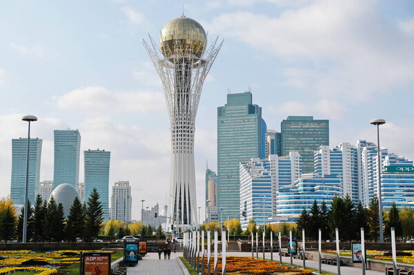 Nur-Sultan / Kazakhstan - 10.02.2020 : Flower beds and decorative design of the square near the Baiterek monument.