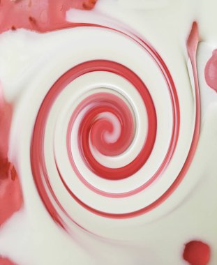 Atasözü Süt nehirleri jöle bankalar görsel bir şekillenme olarak beyaz bir arka plan üzerinde süt ile ahududu jöle yüzen derin doymuş ahududu rengi Olgun sulu ahududu