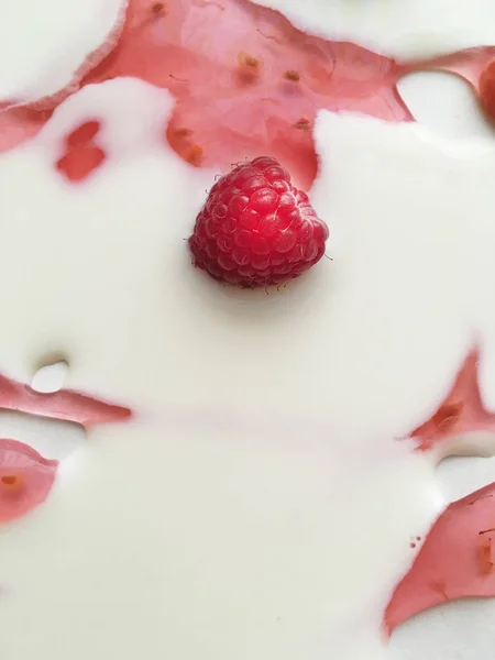 Atasözü Süt nehirleri jöle bankalar görsel bir şekillenme olarak beyaz bir arka plan üzerinde süt ile ahududu jöle yüzen derin doymuş ahududu rengi Olgun sulu ahududu