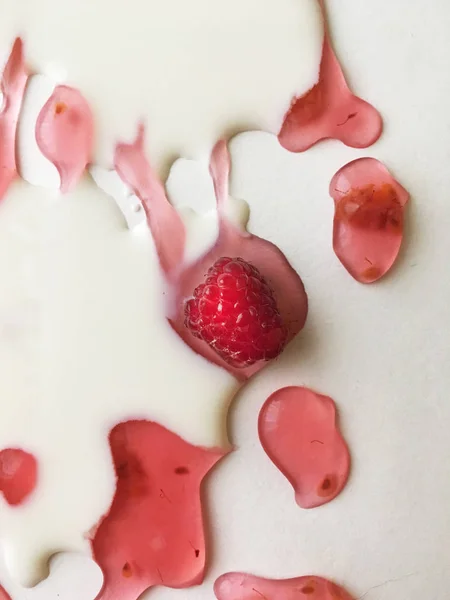 Atasözü Süt nehirleri jöle bankalar görsel bir şekillenme olarak beyaz bir arka plan üzerinde süt ile ahududu jöle yüzen derin doymuş ahududu rengi Olgun sulu ahududu