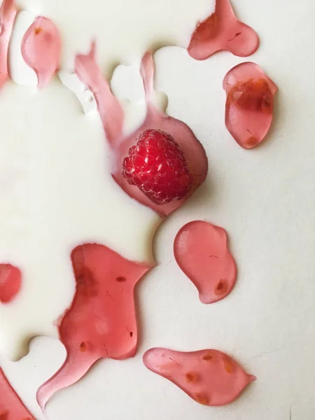 Atasözü Süt nehirleri jöle bankalar görsel bir şekillenme olarak beyaz bir arka plan üzerinde süt ile ahududu jöle yüzen derin doymuş ahududu rengi Olgun sulu ahududu