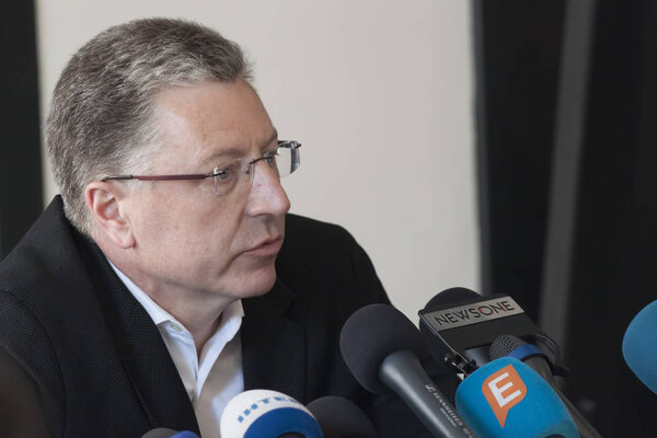 SLOVIANSK, UKRAINE - MAY 15, 2018: Kurt Volker, Special Representative of the US Department of State for Ukraine, in Sloviansk at a press conference