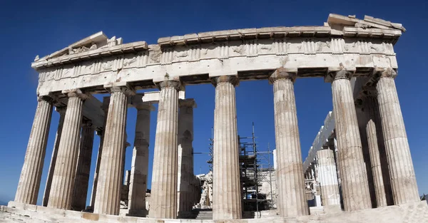 Parthenon För Restaurering Panoramautsikt Det Forntida Grekiska Tempel Som Ligger — Stockfoto