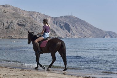 Georgioupolis, Girit, Yunanistan - 31 Temmuz 2013: sahilde bir at üzerinde tanımlanamayan binici. tatilcilerin favori meşgaleleri birini Girit'te binicilik