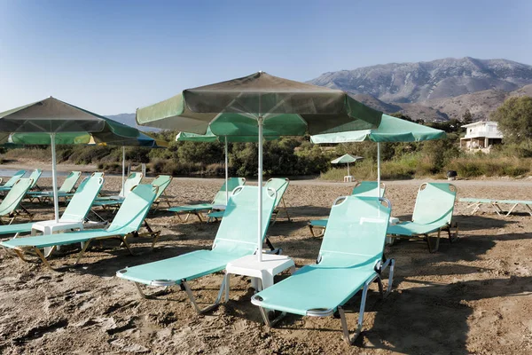 Empty Chaise Lounges Georgioupolis Beach Early Morning Crete Greece — Stock Photo, Image