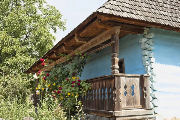 典型的乌克兰乡村小屋的门廊被埋在绿叶和鲜花中 — 图库照片