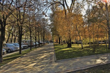 Donetsk, Ukrayna - 1 Kasım 2010: Pushkin Bulvarı üzerinde Donetsk güneşli bir sonbahar