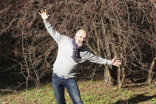 Man Mature Age Scarf Tied His Neck His Arms Wide — Stock Photo, Image