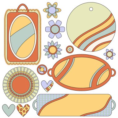 Etiketler, etiket, çiçekler ve kalpleri ile renkli koleksiyonu