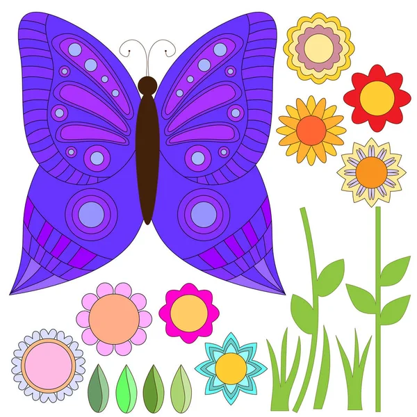 Violette Schmetterling Mit Blumen Isoliert Auf Weißem Hintergrund — Stockvektor