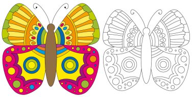 Sürüm kitap beyaz arka plan üzerinde renkli kelebek ve çizgili boyama