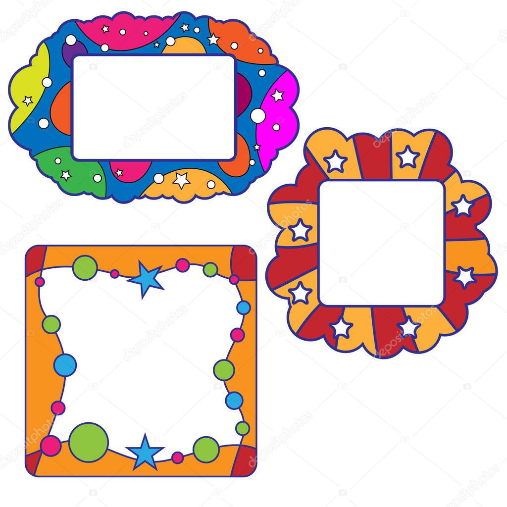 Set of colourful frames with stars, dots, lines isolated on white background