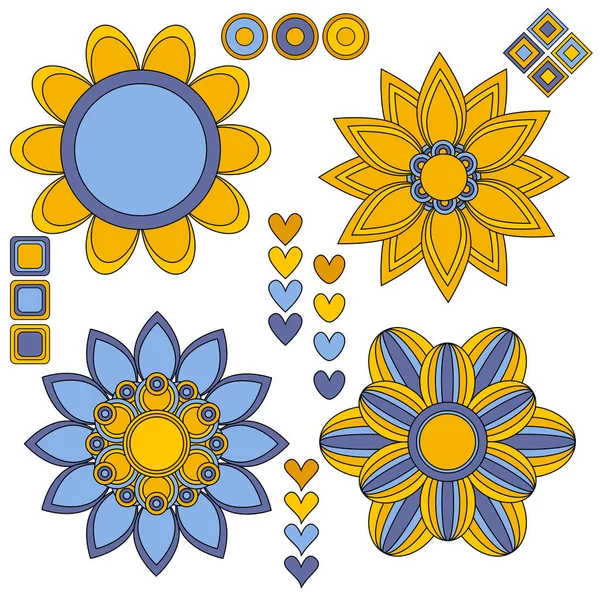 Pastellblaue Und Orangefarbene Blumen Und Herzen Auf Weißem Hintergrund — Stockvektor