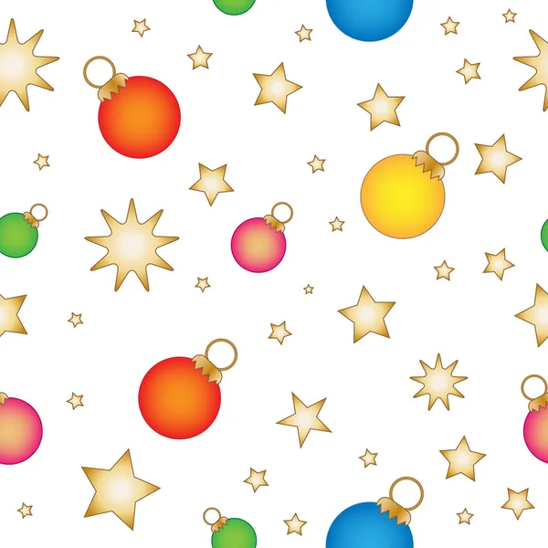 Seamless Christmas Pattern Made Colourful Baubles Golden Stars Isolated White — Stock Vector