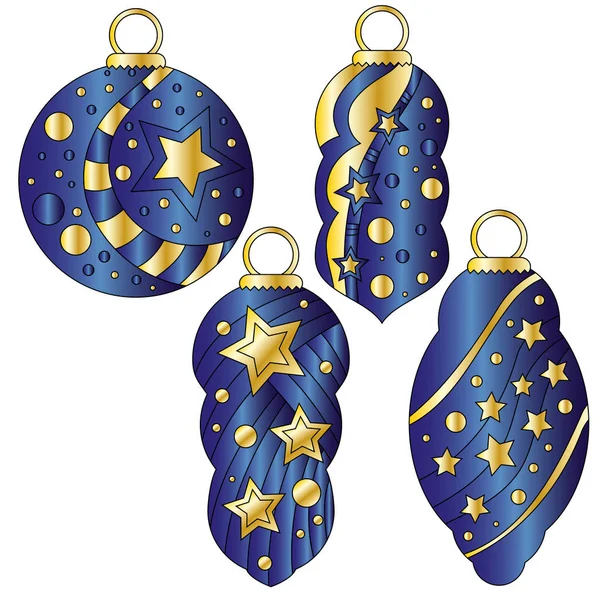 Colección Bauble Azul Oscuro Con Brillantes Estrellas Doradas Puntos — Archivo Imágenes Vectoriales