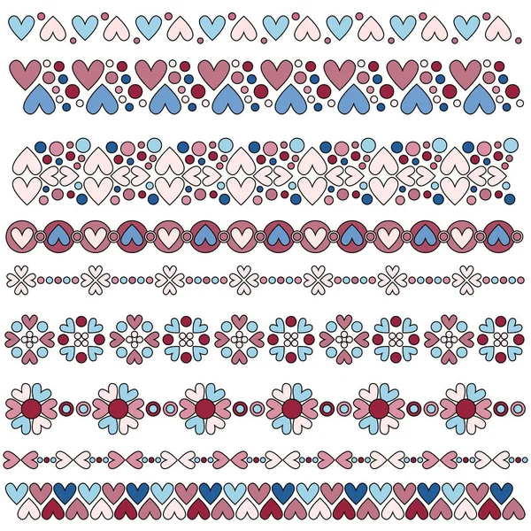 Belo Romântico Colorido Coração Guarnição Fronteira Coleção Sobre Fundo Branco —  Vetores de Stock