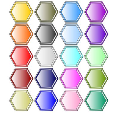 Beyaz arka plan üzerinde renkli altıgen düğmeleri koleksiyonu