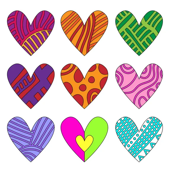 Beyaz arka plan üzerinde izole parlak renkli kalpler koleksiyonu