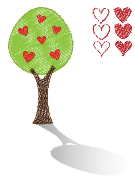 Scribble Pohon Dan Hati Merah - Stok Vektor