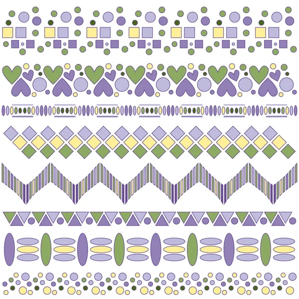 Kollektion Lila Gelb Und Grün Vektortrimmen Über Weißem Hintergrund — Stockvektor
