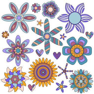 Beyaz arka plan üzerinde renkli çiçek ve kalp toplama