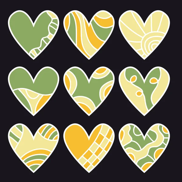 Συλλογή Πράσινο Πορτοκαλί Και Κίτρινο Καρδιές Μαύρο Φόντο — Διανυσματικό Αρχείο
