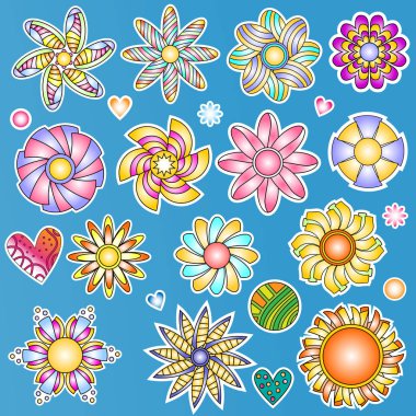 Renkli çiçekler ve kalpleri koleksiyonu