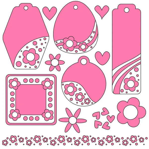 Колекція Рожевих Міток Етикеток Сердечками Квітами — стоковий вектор