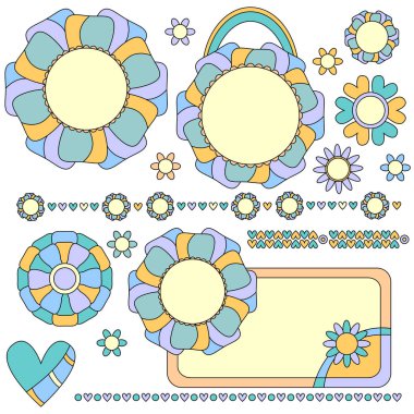 Pastel renkli Etiketler, süsler ve çiçek ve kalpleri ile dekorasyon