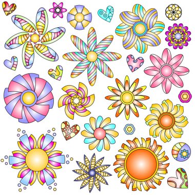 Renkli çiçekler ve kalpleri koleksiyonu