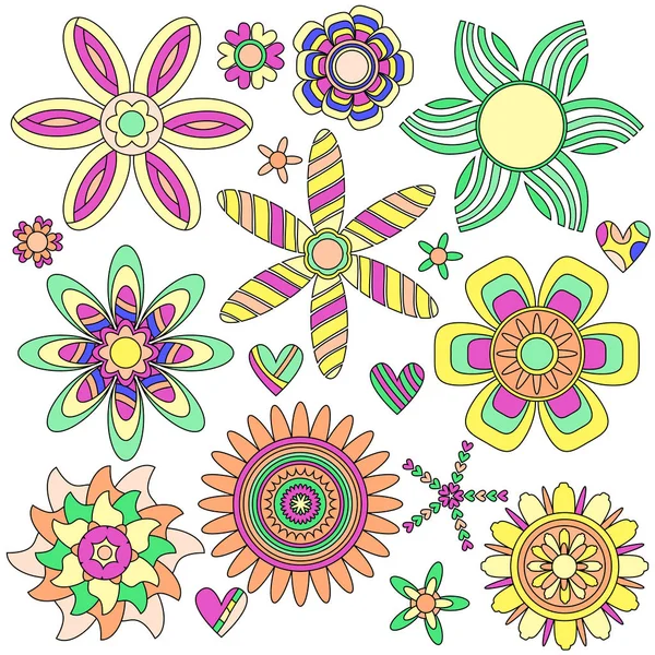 Beyaz arka plan üzerinde renkli çiçekler ve kalpleri koleksiyonu