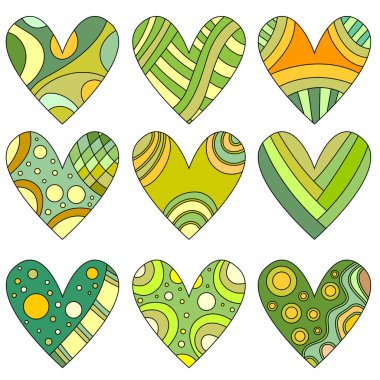 Yeşil, turuncu ve sarı kalp koleksiyonu ile farklı desen