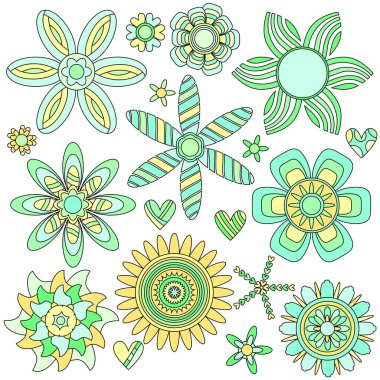 Beyaz arka plan üzerinde renkli çiçek ve kalp toplama