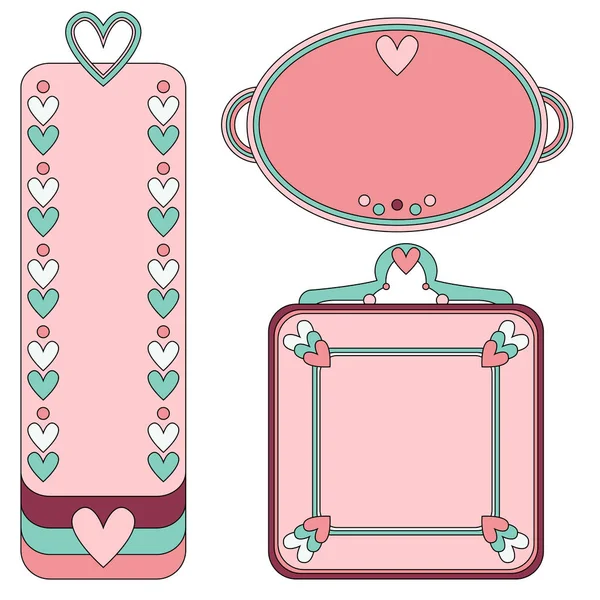 Romantic Pink Turquoise White Tag Label Collection Hearts — Stock Vector