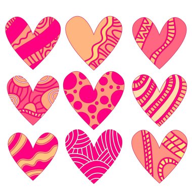Pembe ve turuncu desenli kalpler beyaz arkaplanda izole edilmiş.