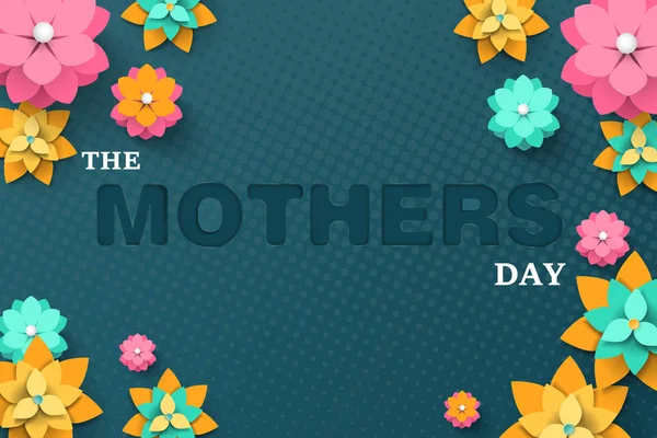 幸せな母の日グリーティング カード 青の背景に花が咲き 葉と抽象的な形を持つスタイルをカットします ベクトル図 — ストックベクタ