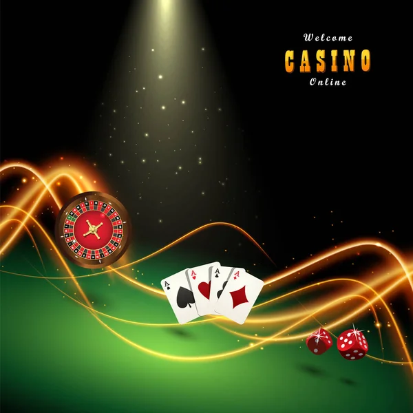 Bandiera Del Casinò Design Modello Con Carte Gioco Dadi Roulette — Vettoriale Stock